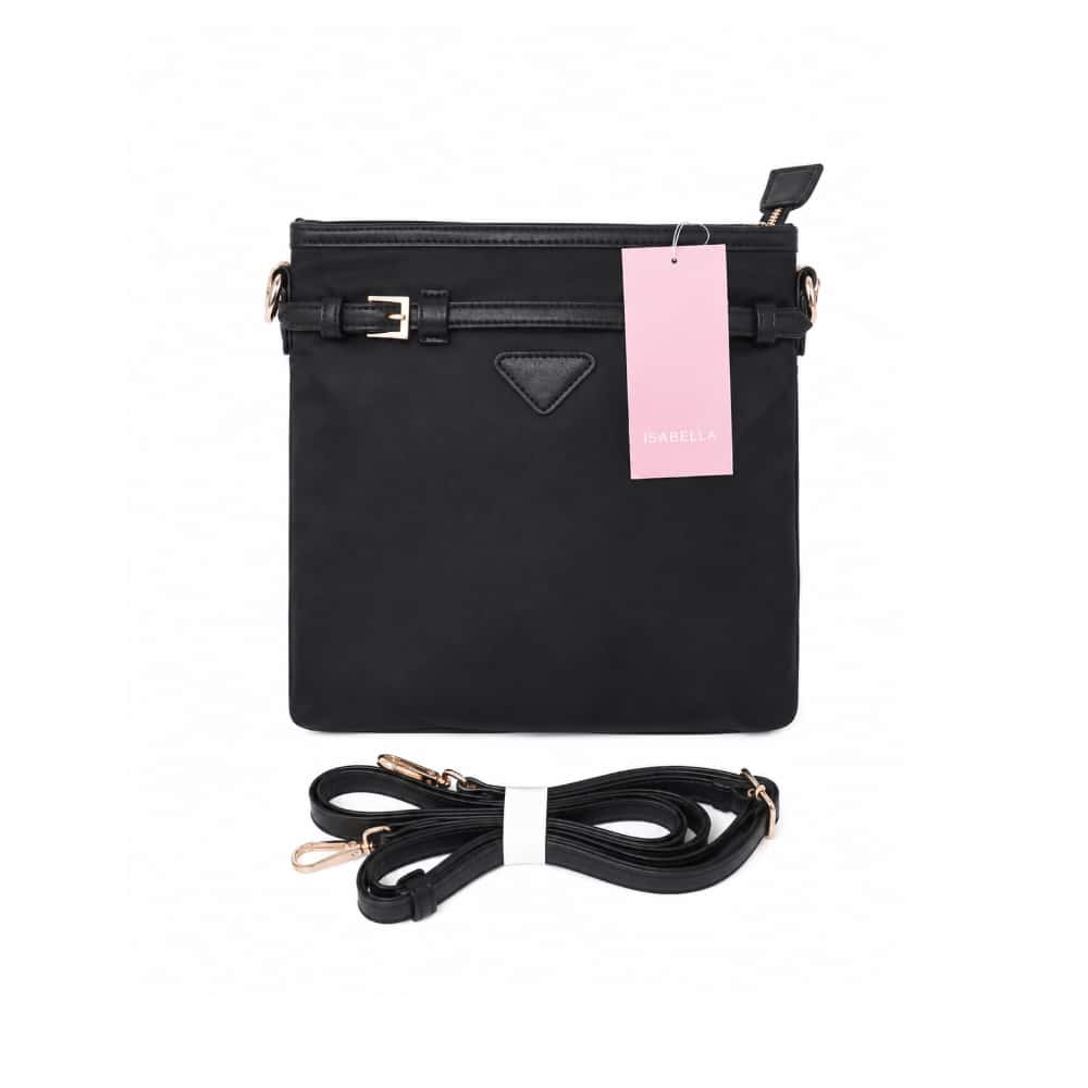 Bolso bandolera negro de nailon con cinturón decorativo y parche triangular Isabella (1 U) - Miniatura 1