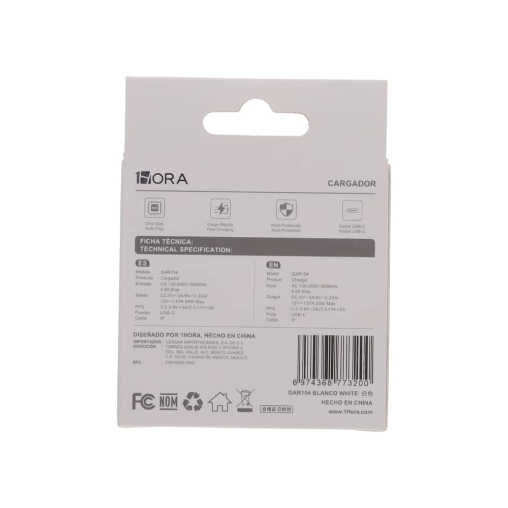 Cargador blanco IP tipo C 20 W 1Hora GAR154 - Miniatura 2