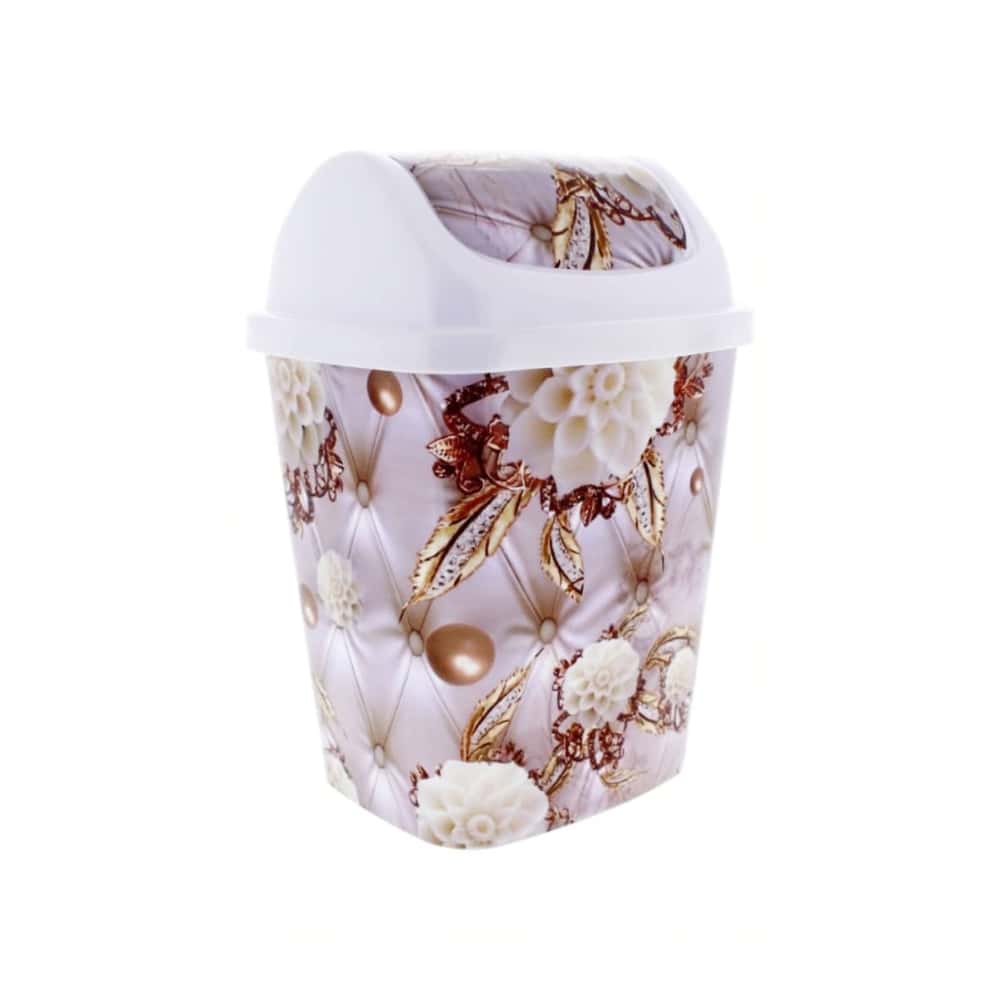 Cesto de basura pequeño de plástico con tapa oscilante con estampado acolchado de perlas y flores doradas Neki Impex (1 U) - Miniatura 1