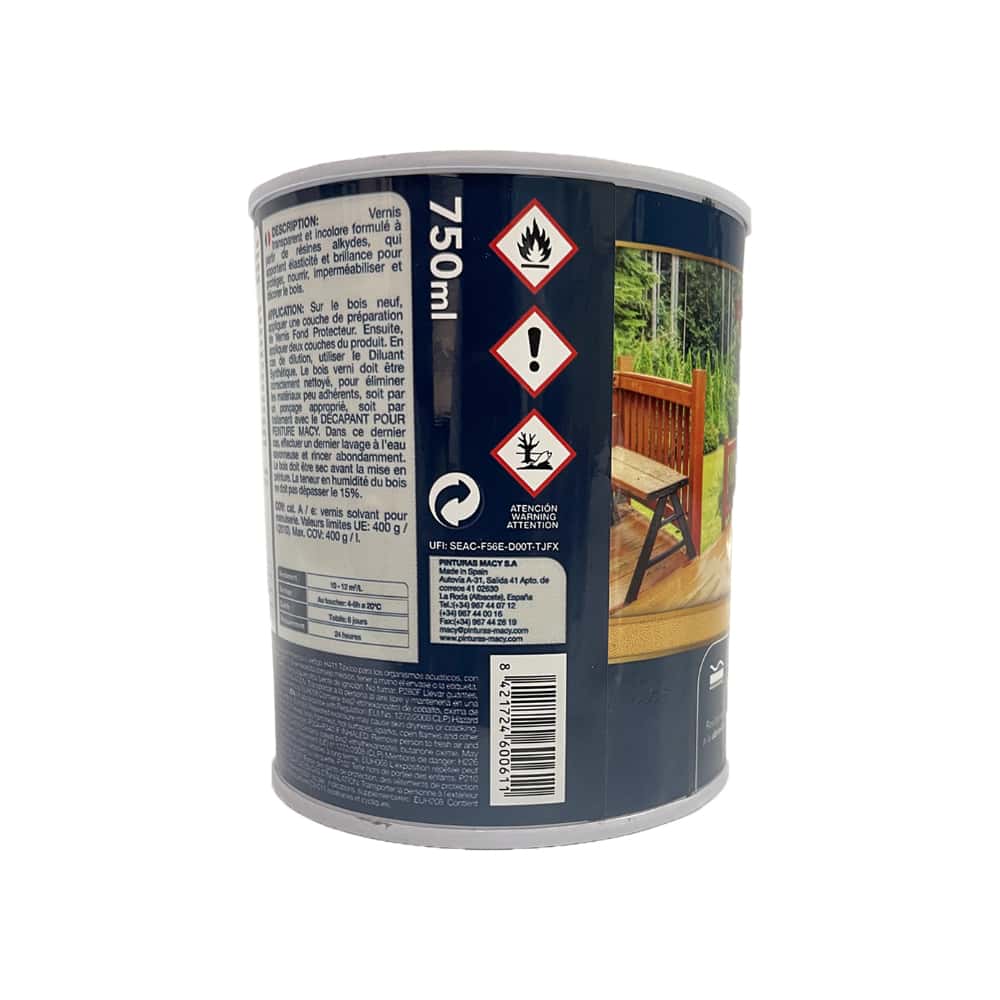 Barniz brillo profesional incoloro para maderas base disolvente Macy (750 ml) - Miniatura 2
