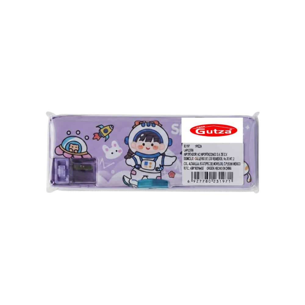 Estuche escolar para lápices de plástico con sacapuntas morado con diseño del espacio Gutza - Miniatura 4