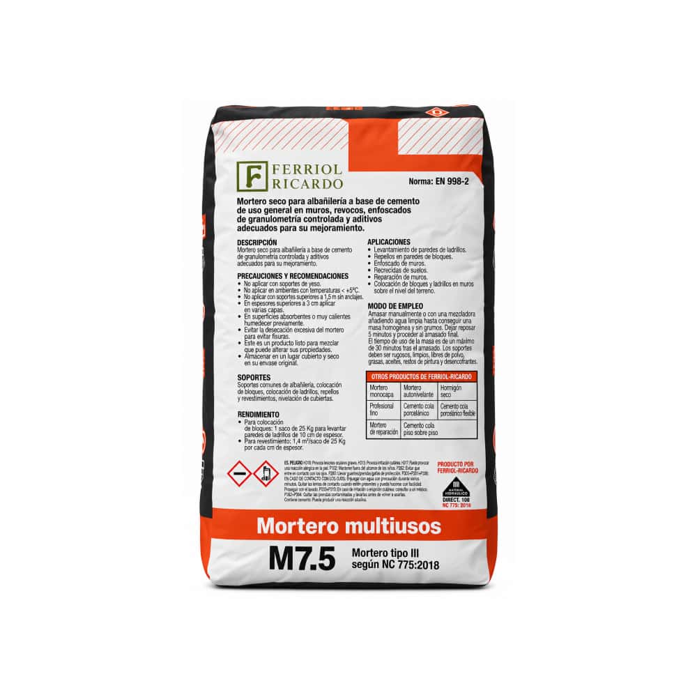 Mortero multiusos M7.5 tipo III Ferriol Ricardo (25 kg / 55 lb) - Miniatura 2