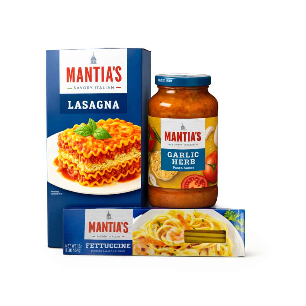 Lasaña italiana Mantia´s (454 g / 1 lb) + Pasta fettuccine Mantia's (454 g / 1 lb) + Salsa para pasta con ajo y hierbas Mantia's (680 g / 1 lb) - Miniatura 1