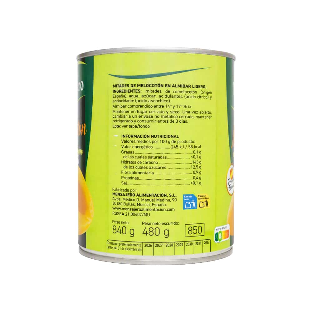 Mitades de melocotón en almíbar ligero Mensajero (840 g / 1.85 lb) - Miniatura 2
