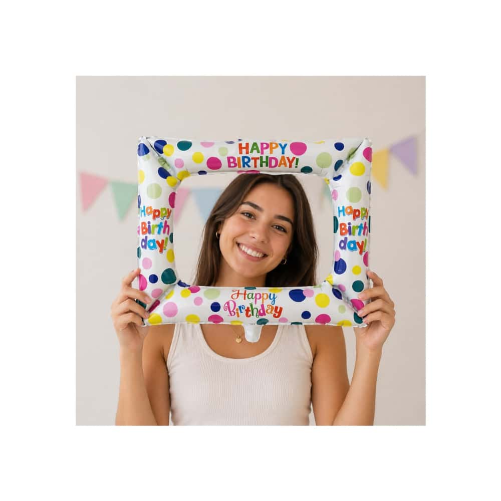 Globo con diseño de marco de fotografía con cartel de Happy Birthday Ballon - Miniatura 4