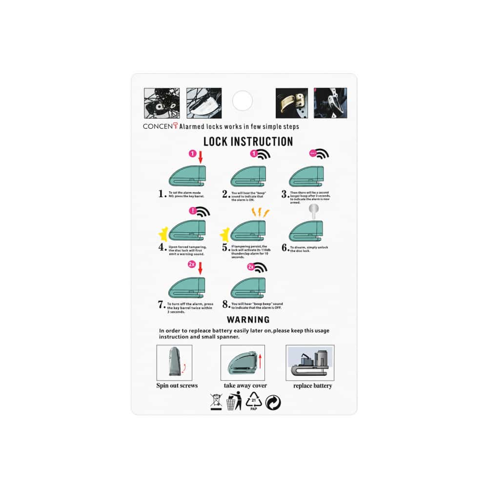 Candado de disco para motocicleta con alarma antirrobo de 110 dB Concen - Miniatura 3