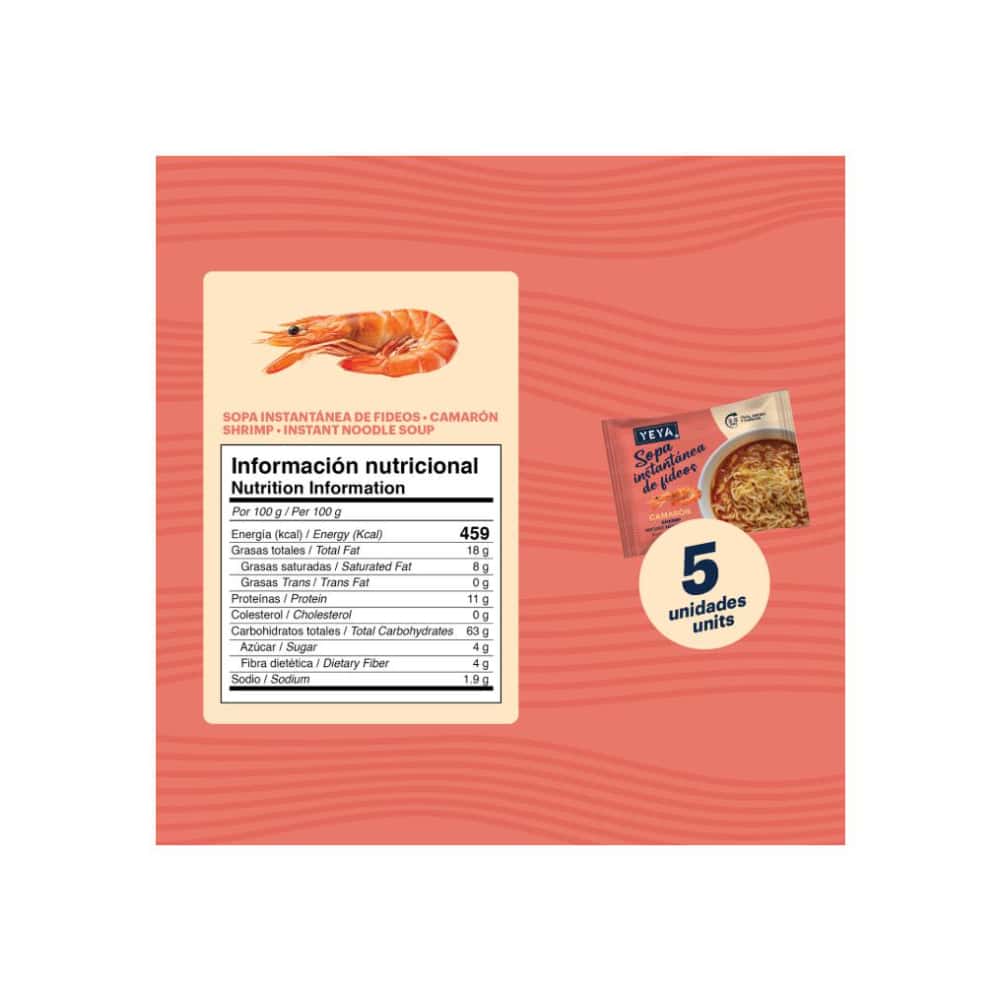 Sopa instantánea de fideos con sabor a camarón YEYA (5 x 75 g / 2.6 oz) - Miniatura 3