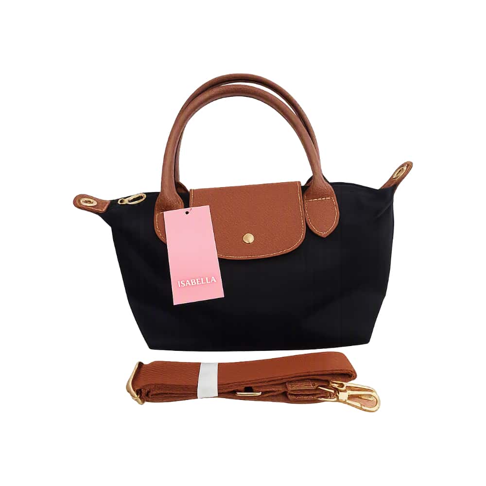 Bolso de nailon negro plegable con detalles camel y asas extraíbles Isabella - Miniatura 3