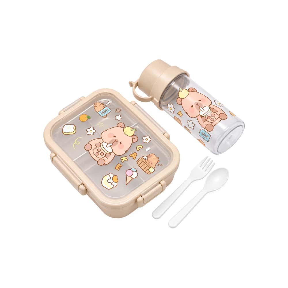 Set de almuerzo infantil con botella plástica y cubiertos, color crema MRC (1 U) - Miniatura 1