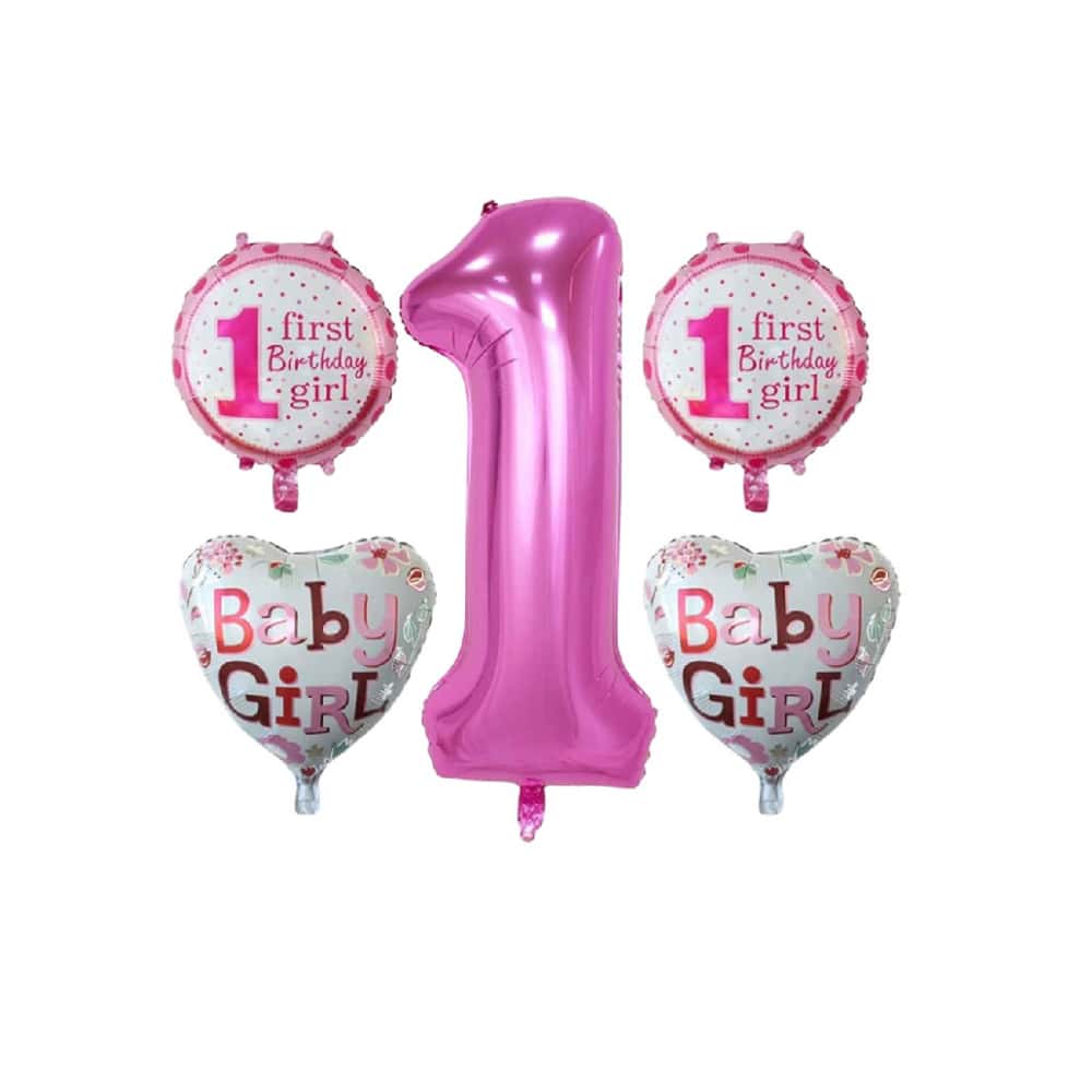 Set de globos de niña para el primer cumpleaños (5 U) - Miniatura 1