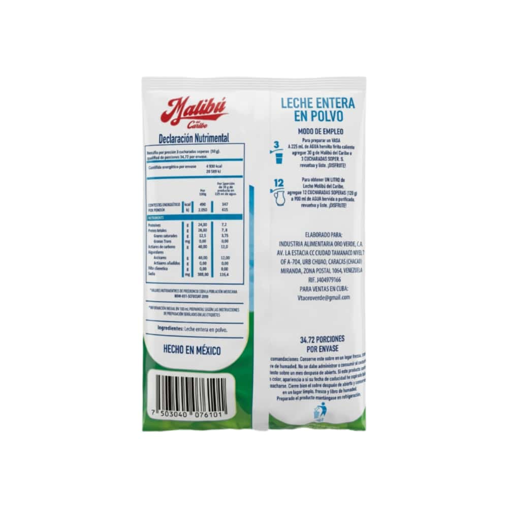 Leche entera en polvo Malibú del Caribe (1 kg / 2.2 lb) - Miniatura 3