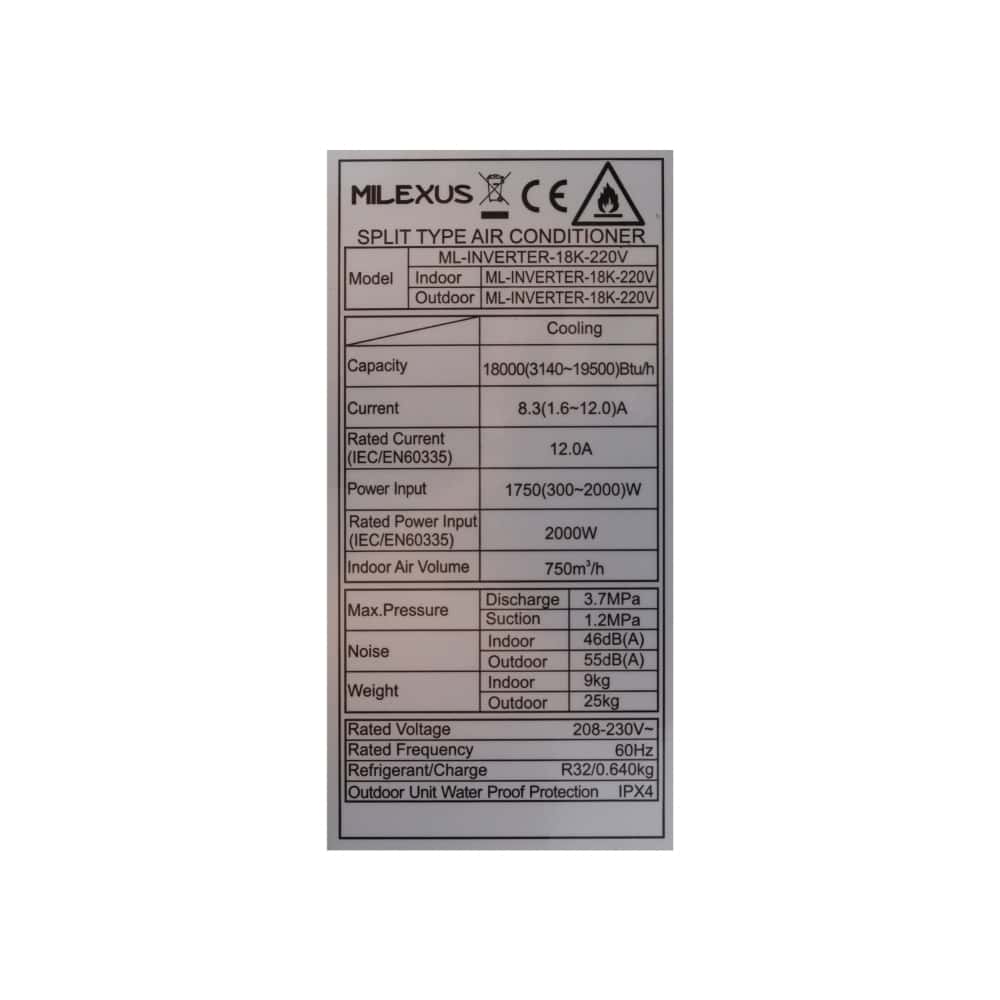 Aire acondicionado tipo split inverter de 1.5 tonelada Milexus ML-INVERTER-18K-220V - Miniatura 2