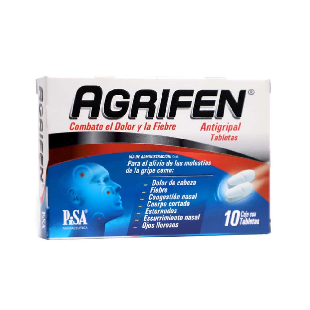 Agrifen Antigripal. Paracetamol 500 mg + Cafeína 25 mg + Clorhidrato de fenilefrina 5 mg + Maleato de clorfenamina 4 mg Pisa (10 tabletas) - Miniatura 1