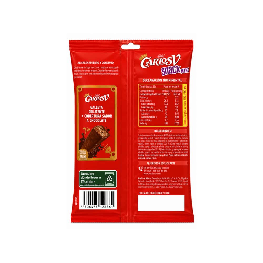 Galleta con relleno sabor a chocolate con cobertura sabor a chocolate con leche CarlosV Nestlé (108 g / 3.81 oz) - Miniatura 2