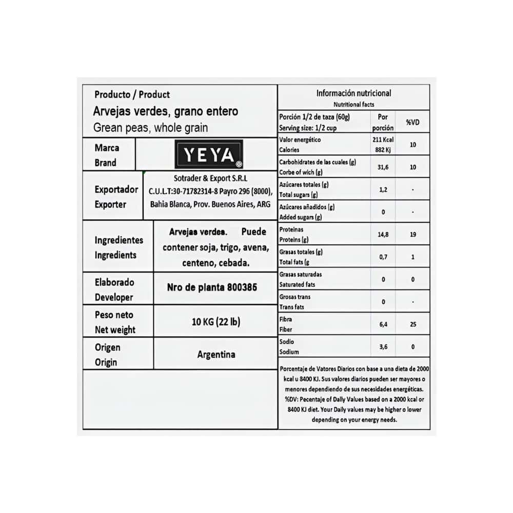 Chícharos verdes enteros YEYA (10 kg / 22 lb) - Miniatura 2