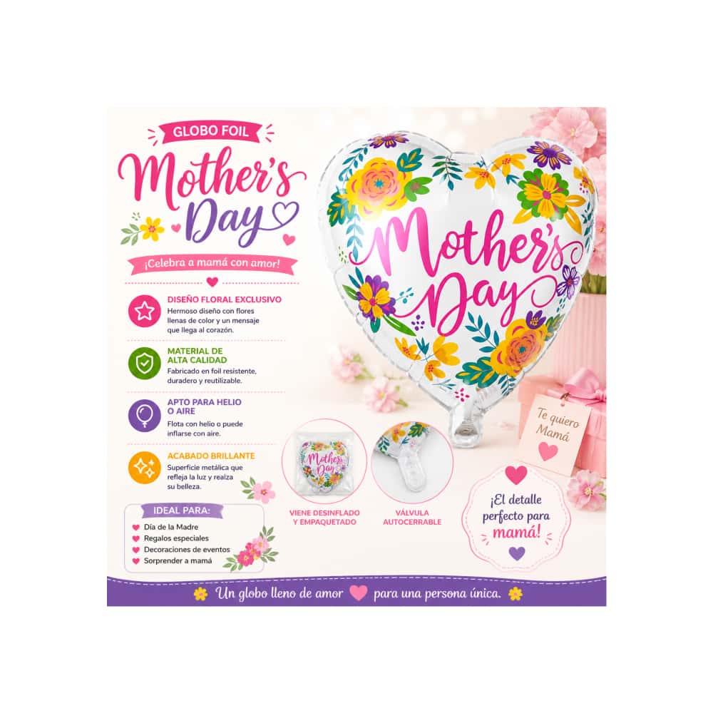 Globo en forma de corazón con cartel de Happy mother´s day Balloon (17 pulgadas) - Miniatura 4