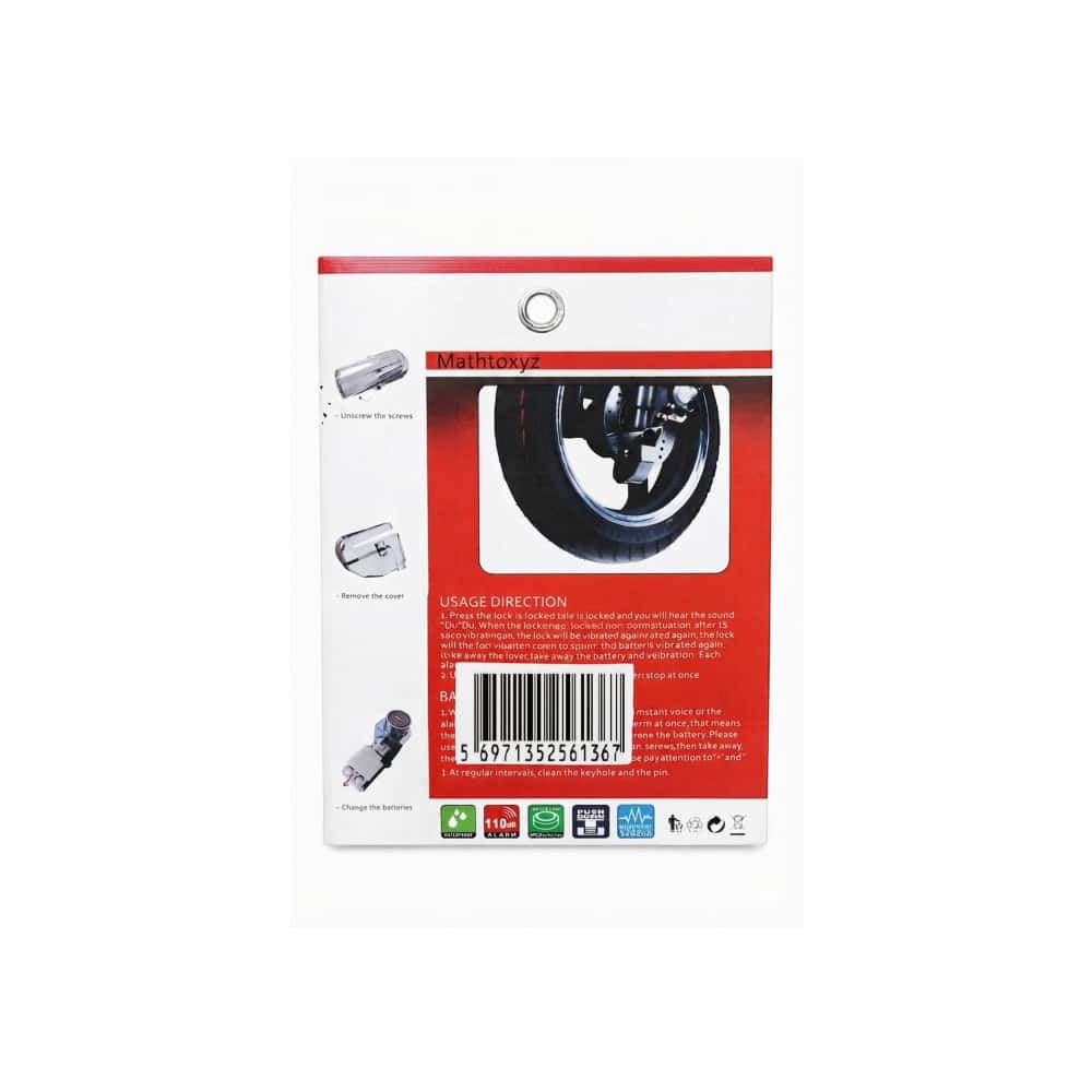Candado de disco para motocicleta color rojo con alarma antirrobo de 110 dB Mathtoxyz - Miniatura 3