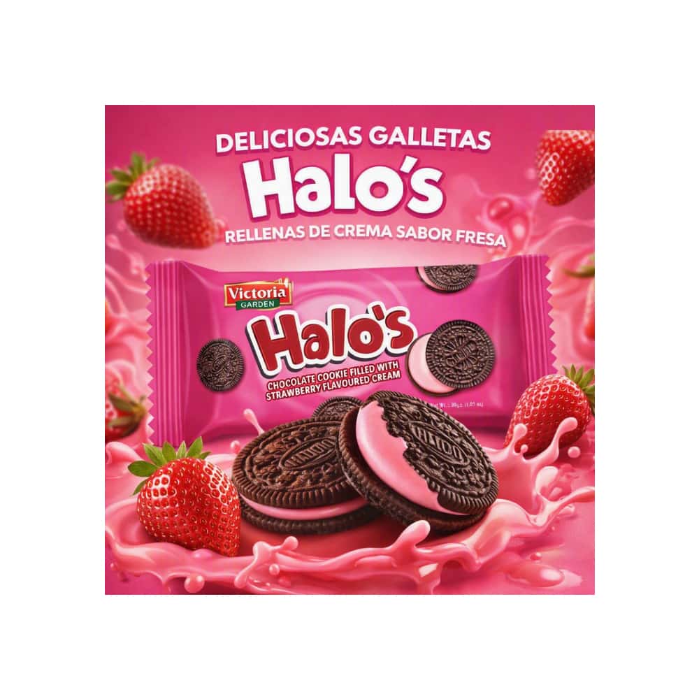 Galletas de chocolate rellenas con crema sabor fresa Victoria Garden Halo’s (12 x 30 g / 1.05 oz) - Miniatura 5