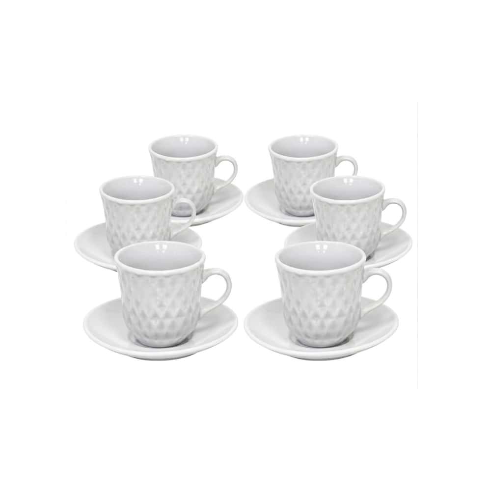 Juego de 6 tazas de café con platos de cerámica blanca con diseño de rombos Mukhi - Miniatura 1