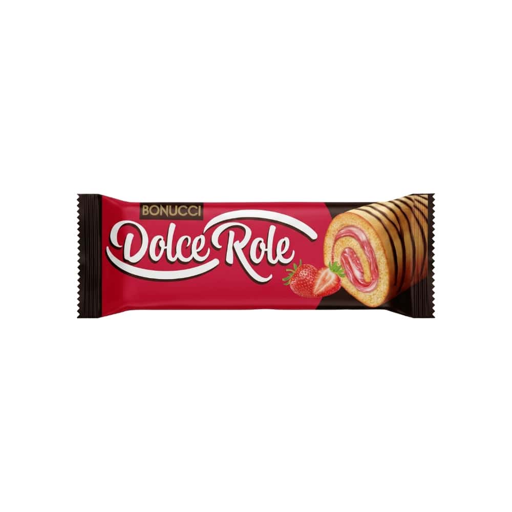 Pastel enrollado relleno de crema de fresa y decorado con cacao Dolce Role Bonucci (50 g / 1.76 oz) - Miniatura 1