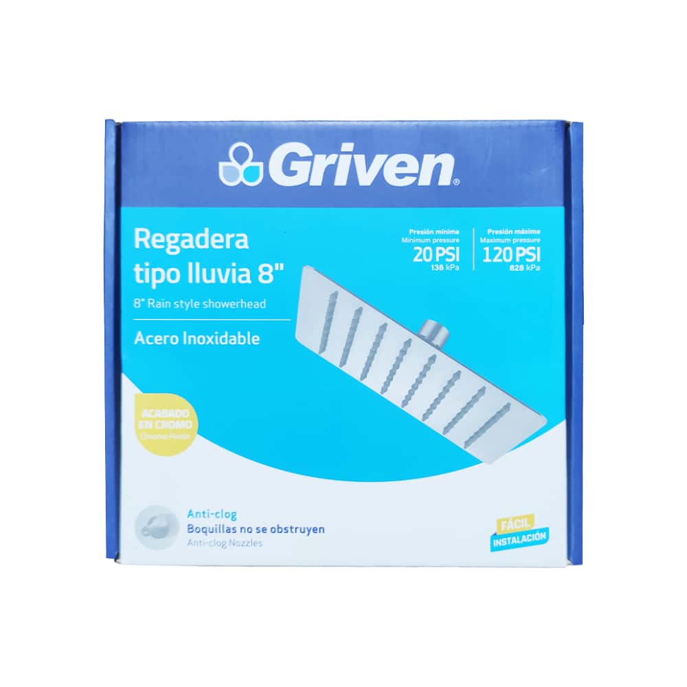 Regadera cuadrada para ducha de 8". Tipo lluvia con acabado en cromo Griven - Miniatura 5