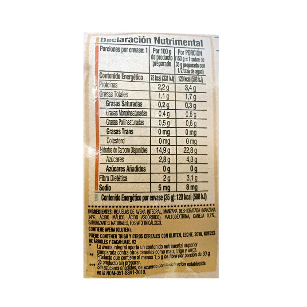Cereal de avena integral sin azúcar sabor manzana y canela Quaker (35 g / 1.23 oz) - Miniatura 4
