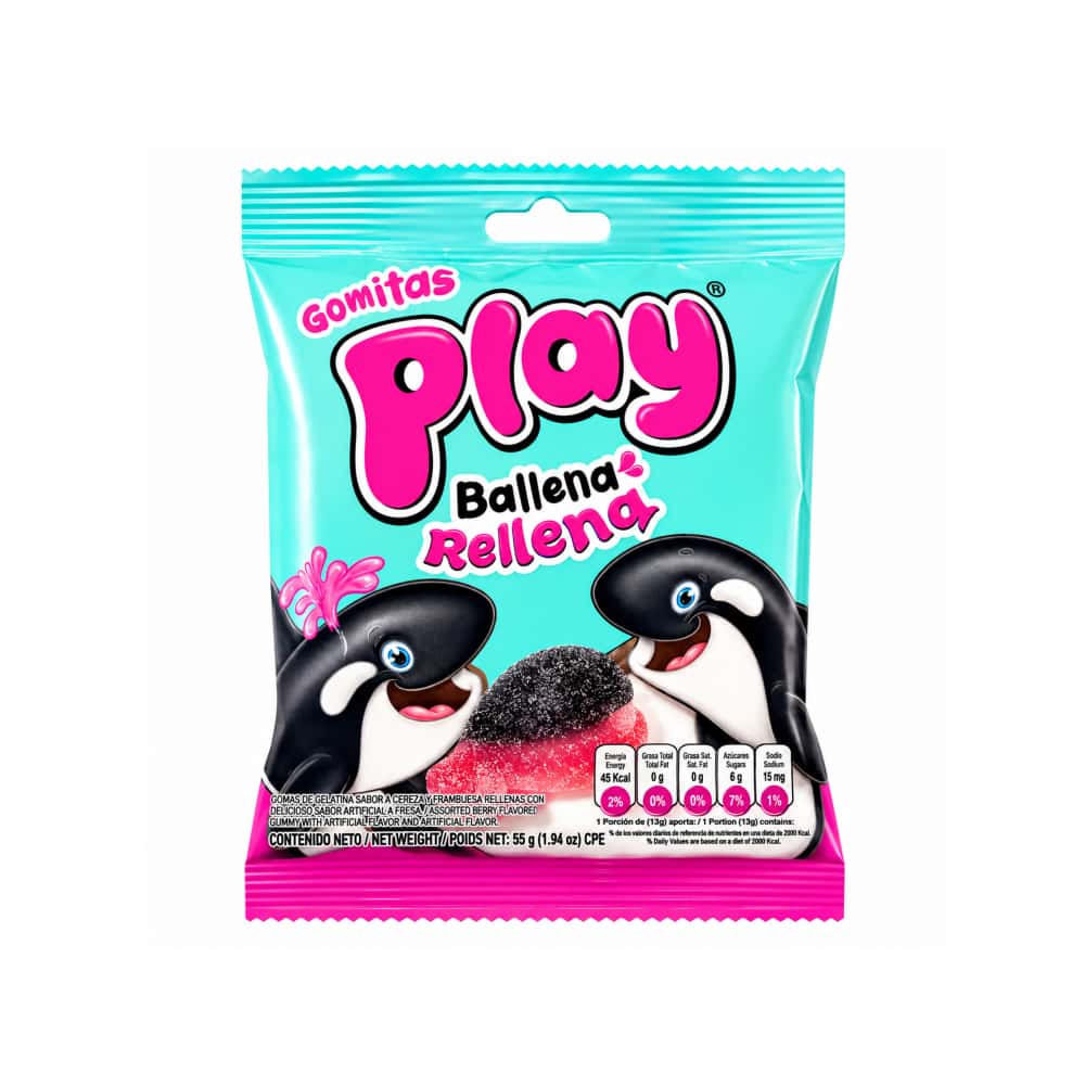 Gomitas de gelatina sabor a cereza y frambuesa rellenas con líquido sabor a fresa Ballena Play (55 g / 1.94 oz) - Miniatura 1