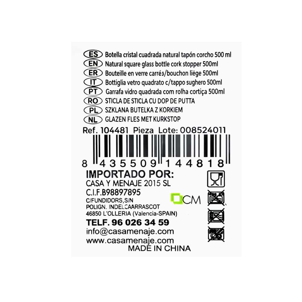 Botella cristal cuadrada natural tapón corcho 500 ml Casa y Menaje - Miniatura 3