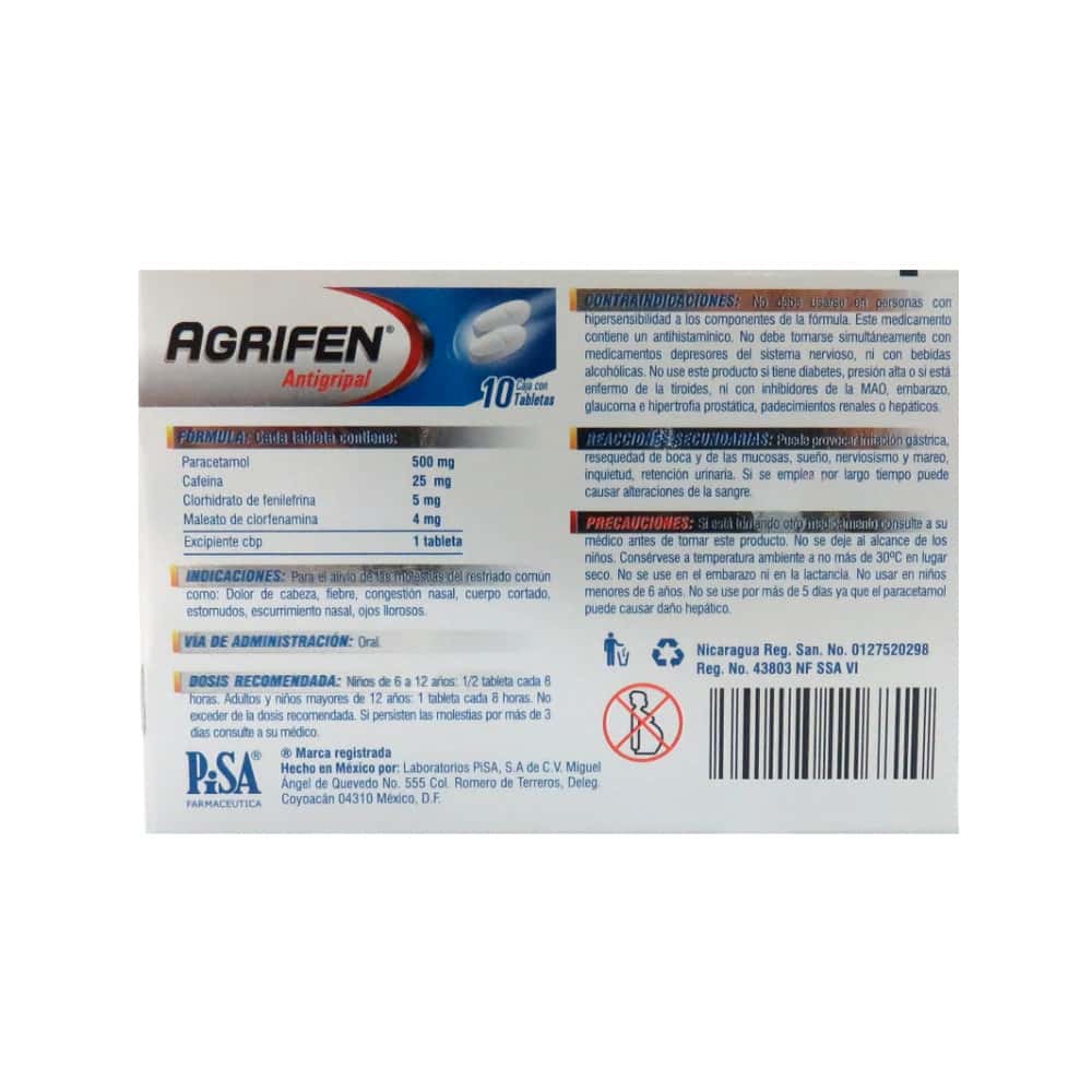 Agrifen Antigripal. Paracetamol 500 mg + Cafeína 25 mg + Clorhidrato de fenilefrina 5 mg + Maleato de clorfenamina 4 mg Pisa (10 tabletas) - Miniatura 2