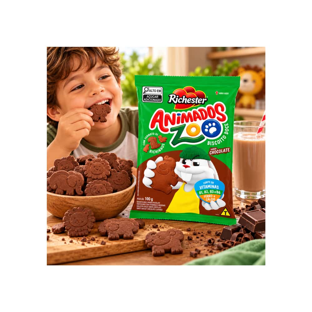 Galletas dulces sabor chocolate, fortificadas con vitaminas y minerales Richester Animados Zoo (100g / 3.52oz) - Miniatura 4