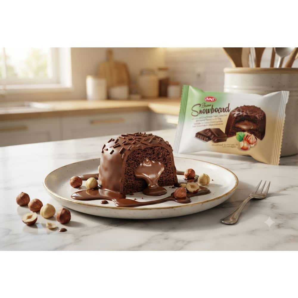 Pastel de chocolate relleno y cubierto con crema de cacao y avellanas Snowboard Brawo ANI (40 g / 1.41 oz) - Miniatura 4