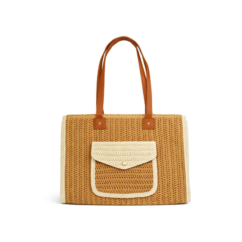 Bolso tote de playa tejido en color camel con bolsillo frontal y asas de piel ISABELLA (1 U) - Miniatura 1