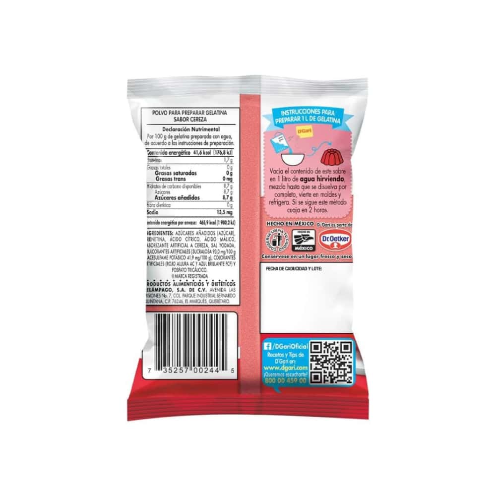 Polvo para prepara gelatina con agua - sabor cereza D'Gari (120 g / 4.23 oz) - Miniatura 7