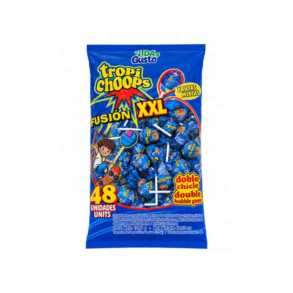 Paquete de chupa chupa XXL relleno de chicle sabor frutas mixtas Tropi Gusto (1.2 kg / 2.64 lb) - Miniatura 1