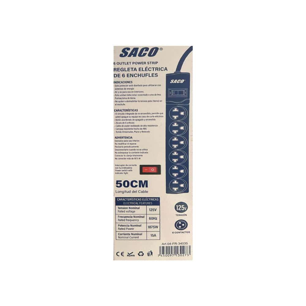 Extensión con sistema de 6 tomas y cable de 50 cm 15A Saco 04-FR-34035 - Miniatura 3