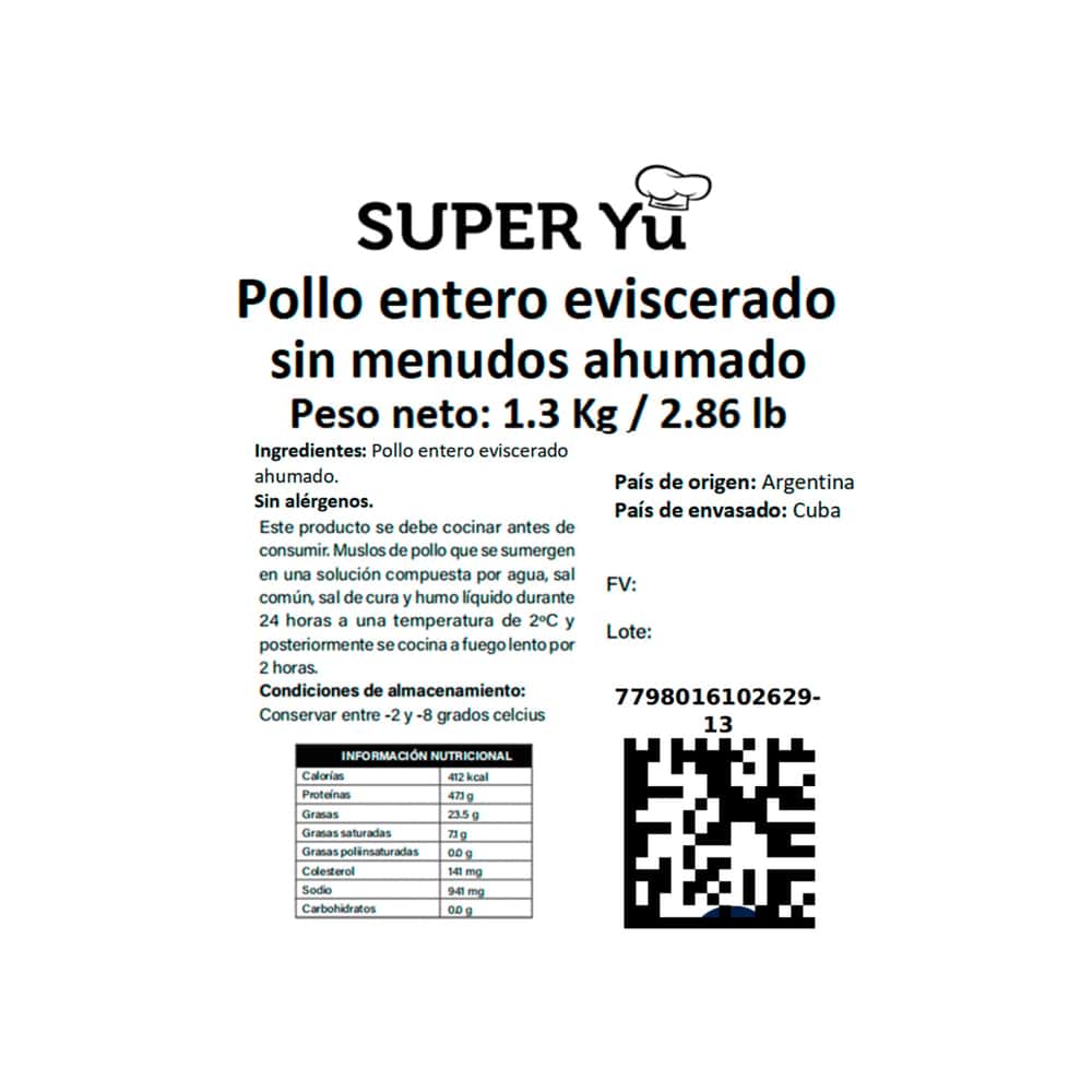 Pollo entero eviscerado sin menudos ahumado Super Yu (1.3 kg / 2.86 lb) - Miniatura 4