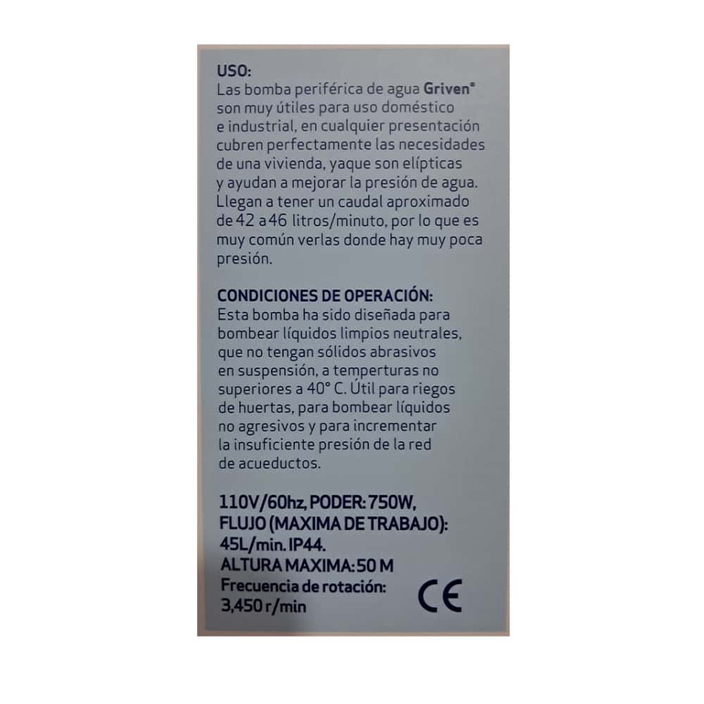 Bomba de agua periférica de 1 HP / 1" Griven QB-80-VEN - Miniatura 3