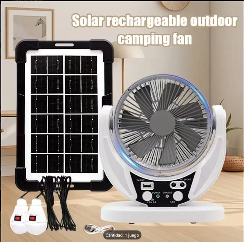 Set Emergente Ventilador, 2 Bombillas y Panel Solar