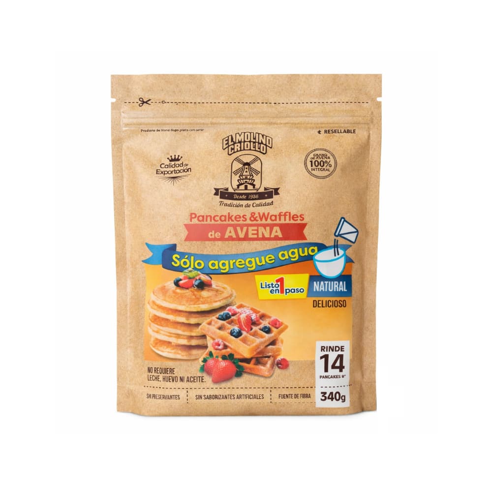 Mezcla natural para preparar panqueques, waffles y arepas de avena -solo con agua- El Molino Criollo (340 g / 11.99 oz) - Miniatura 1