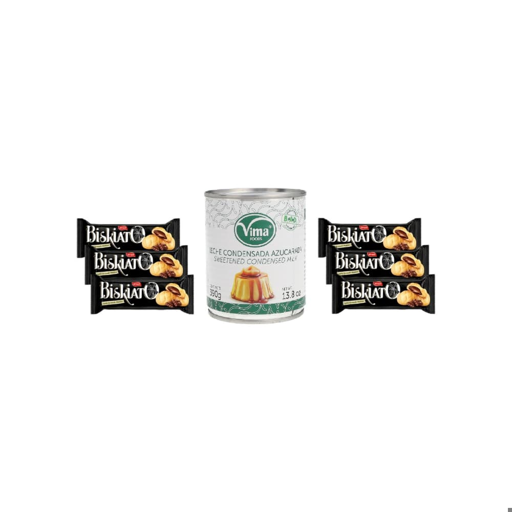 Leche condensada azucarada Vima Foods (390 g / 13.8 oz) + Galletas con relleno de crema de cacao Simsek Biskiato (6 x 42 g / 1.48 oz) - Miniatura 1