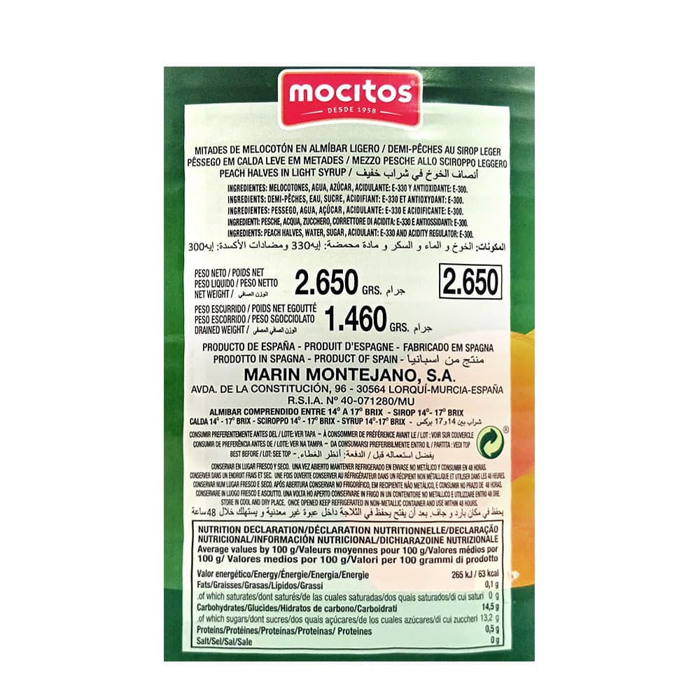 Mitades de melocotón en almíbar ligero Mocitos (2.65 kg / 5.84 lb) - Miniatura 2