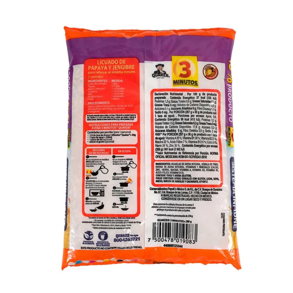 Cereal de avena y sémola de trigo fortificada 3 Minutos Quaker (288 g / 10.16 oz) - Miniatura 2