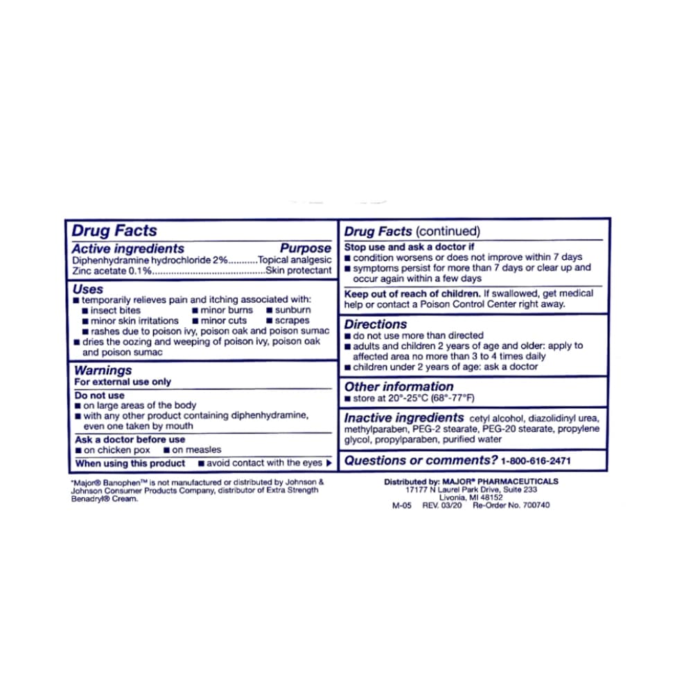 Banophen. Crema anti-prurito: Clorhidrato de difenhidramina 2% + Acetato de Zinc 0.1 % Major (28 g / 1 oz) - Miniatura 2