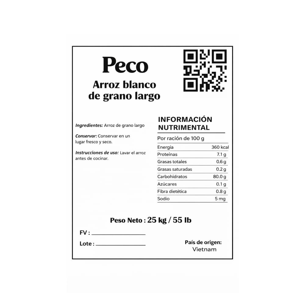 Arroz blanco de grano largo Peco (25 kg / 55 lb) - Miniatura 4