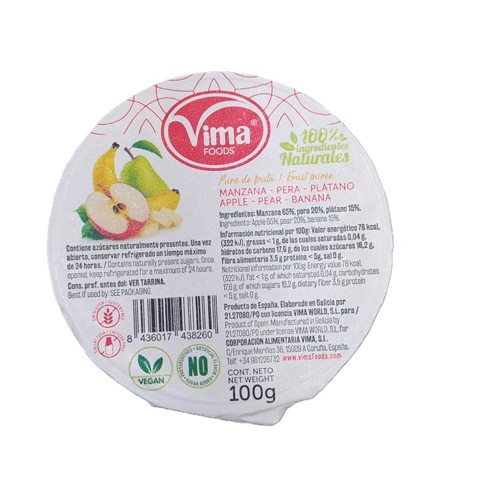 Puré de fruta manzana - pera y plátano Vima Foods (100 g / 3.52 oz) - Miniatura 1