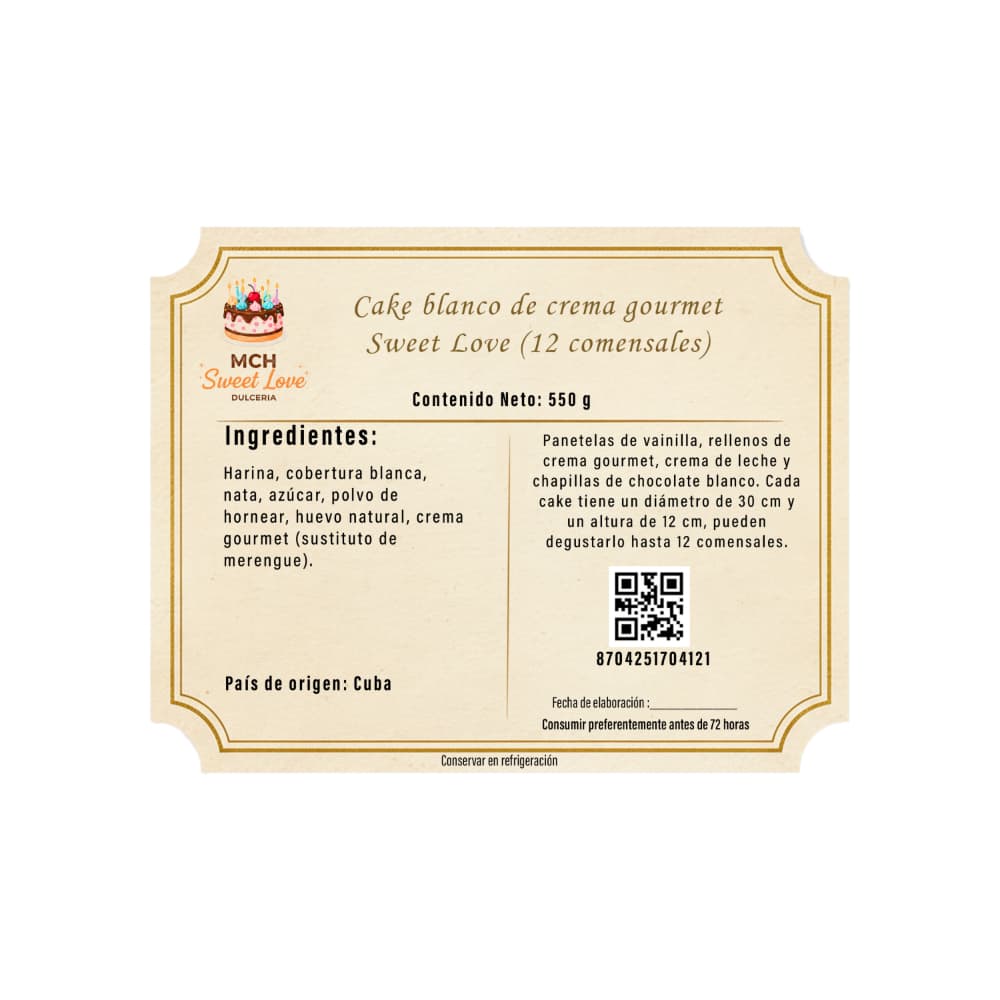 Cake blanco de crema gourmet Sweet Love MCH Panadería (12 comensales) - Miniatura 3