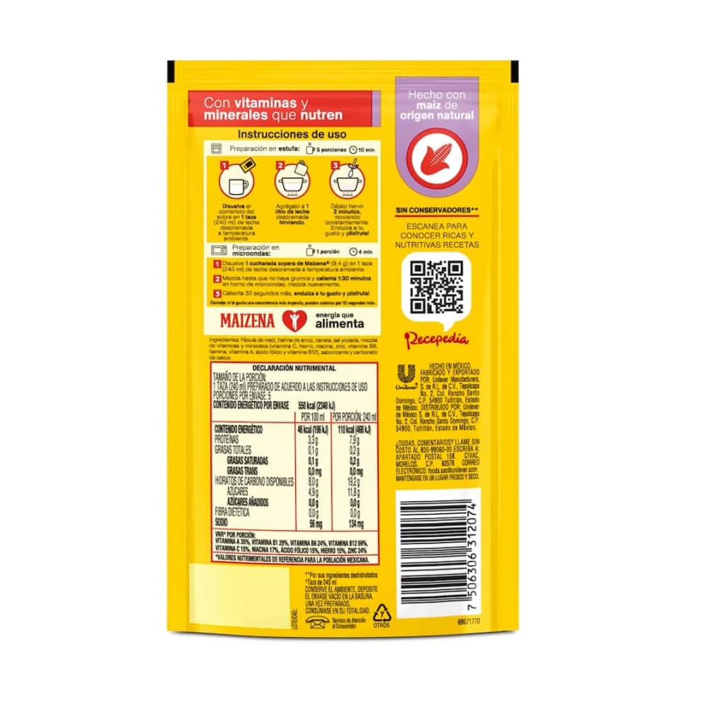 Fécula de maíz para preparar atole fortificado sabor arroz con leche (47 g / 1.65 oz) - Miniatura 2