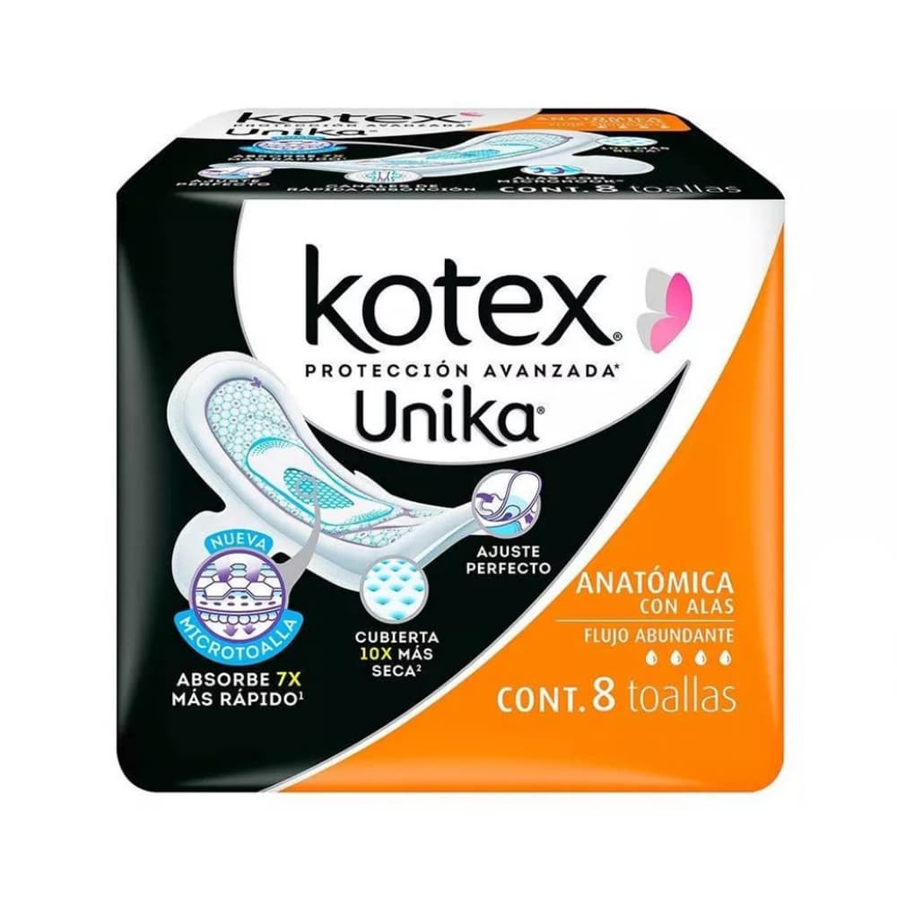 Almohadillas sanitarias anatómicas con alas Unika Kotex (8 U) - Imagen 1