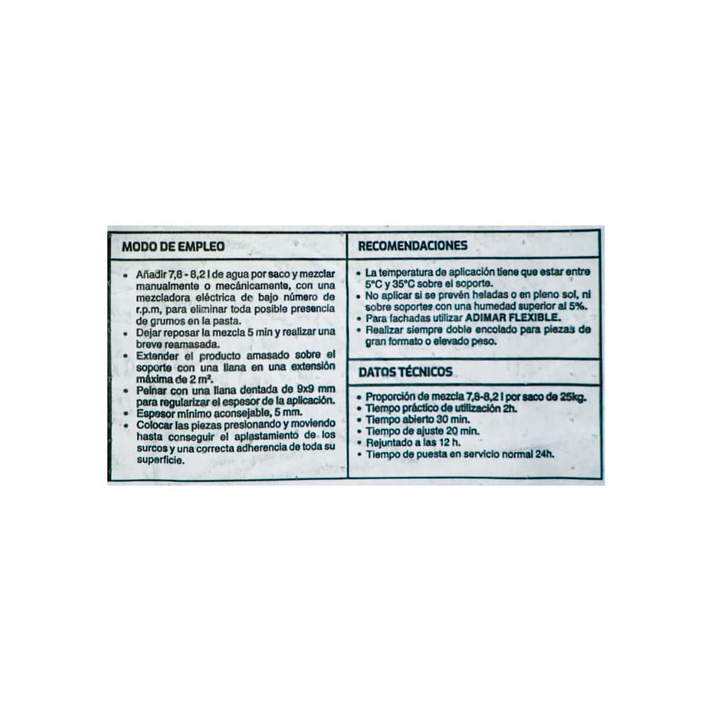 Adhesivo cementoso porcelánico gris Adimar (25 kg / 55.11 lb) - Miniatura 3