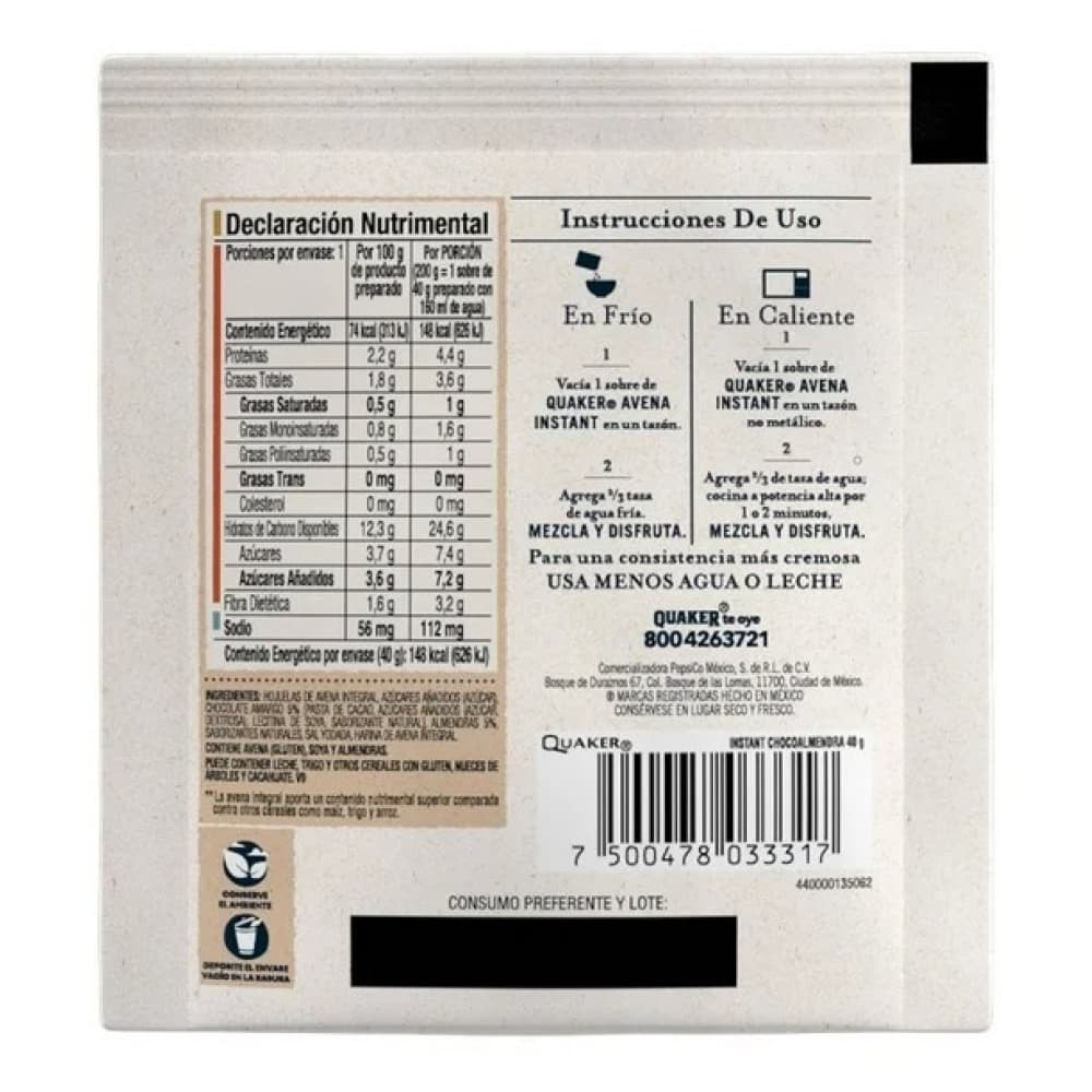 Avena integral instantanea sabor chocoalmendra Quaker (40 g / 1.41 oz) - Miniatura 2